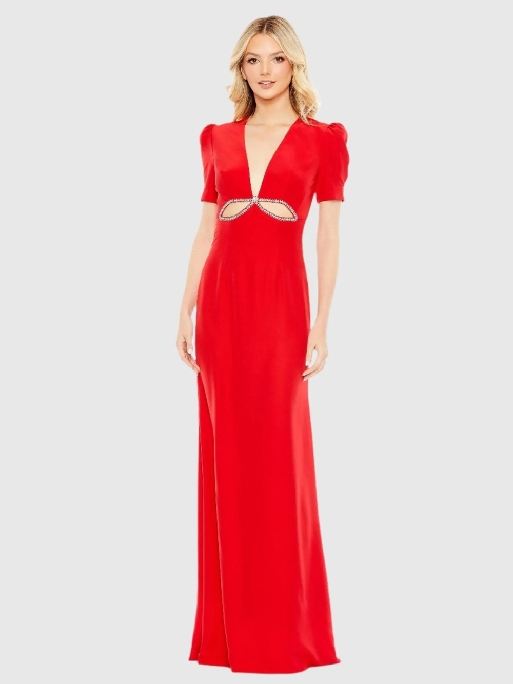 Mac Duggal Red V-Neck Maxi Gown with Crystal Cutouts
